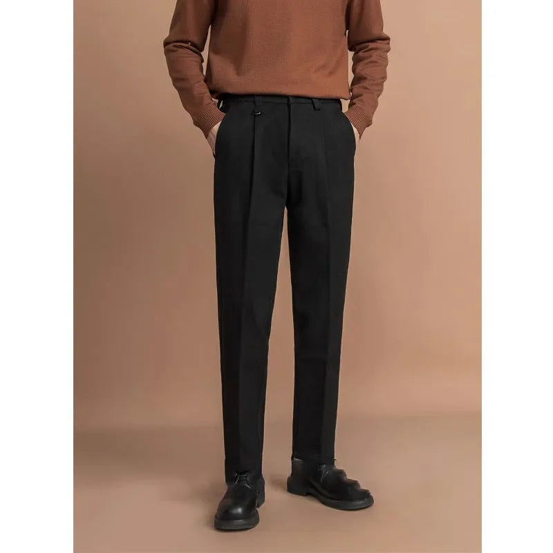Men's straight leg business casual trousers in polyester fabric with draped styling