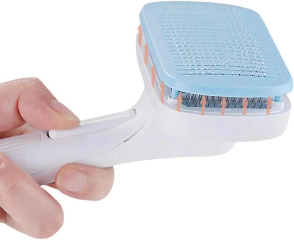 Automatic pet hair removal comb for dogs and cats showing one-click operation mechanism