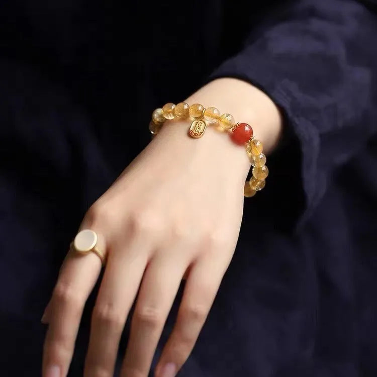 Natural red agate bracelet with gold ruby accent, polished beads, available in 6mm 8mm or 10mm size