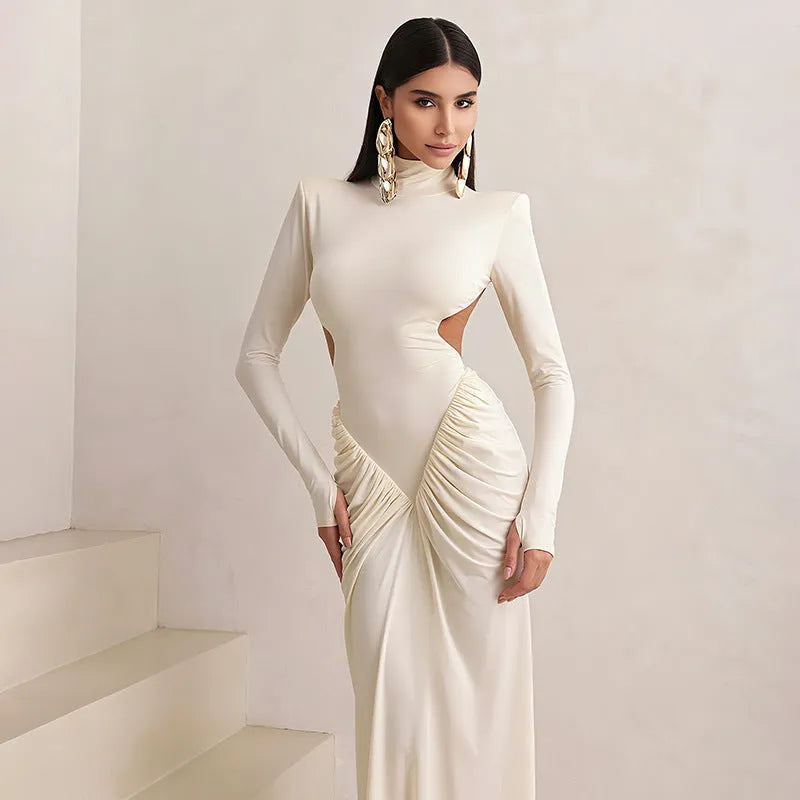 Long sleeve high collar slim fit pleated backless dress in light apricot, brown, wine red or black.