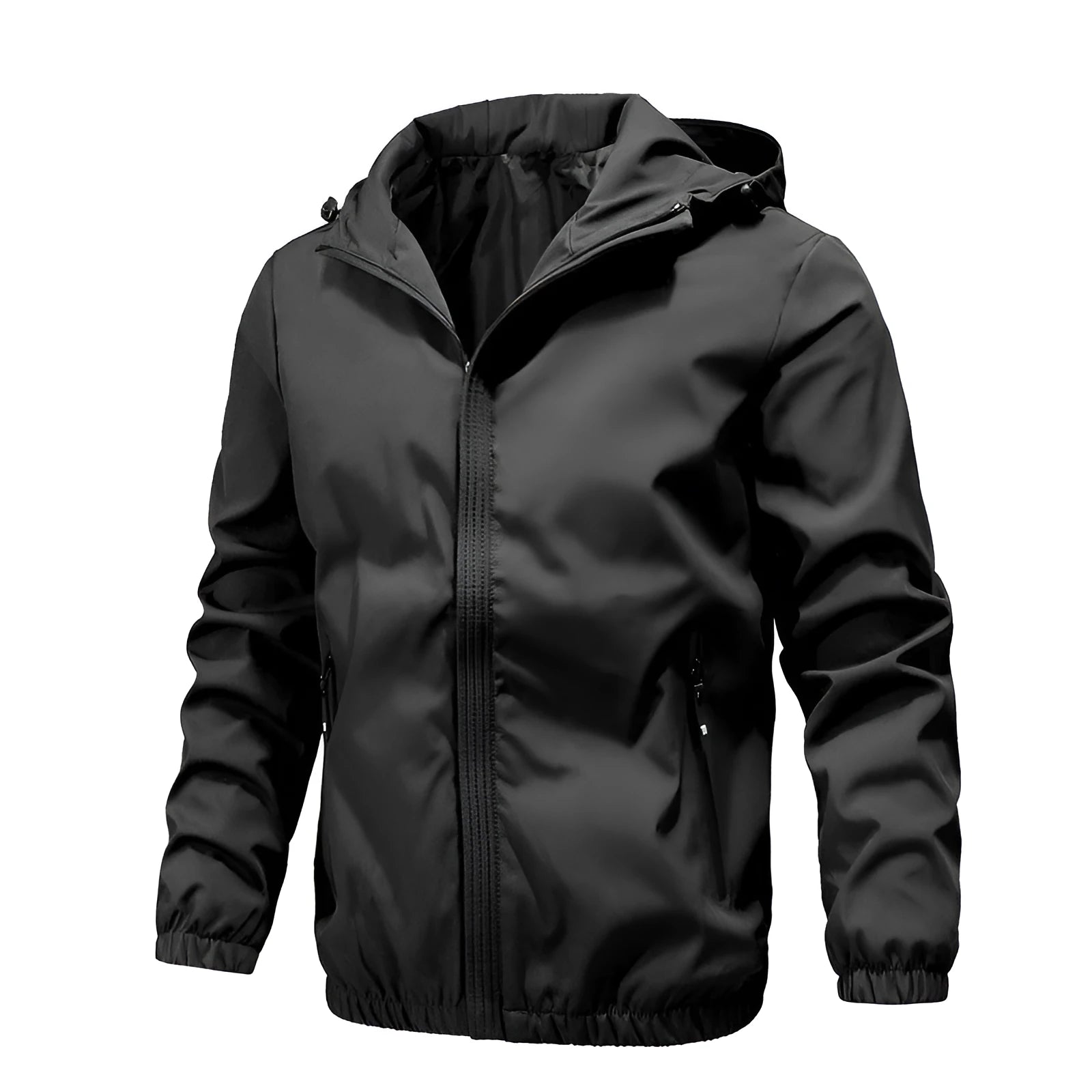 Men's solid colour nylon trench coat in light gray, black, and dark blue, sizes M to 5XL, front view