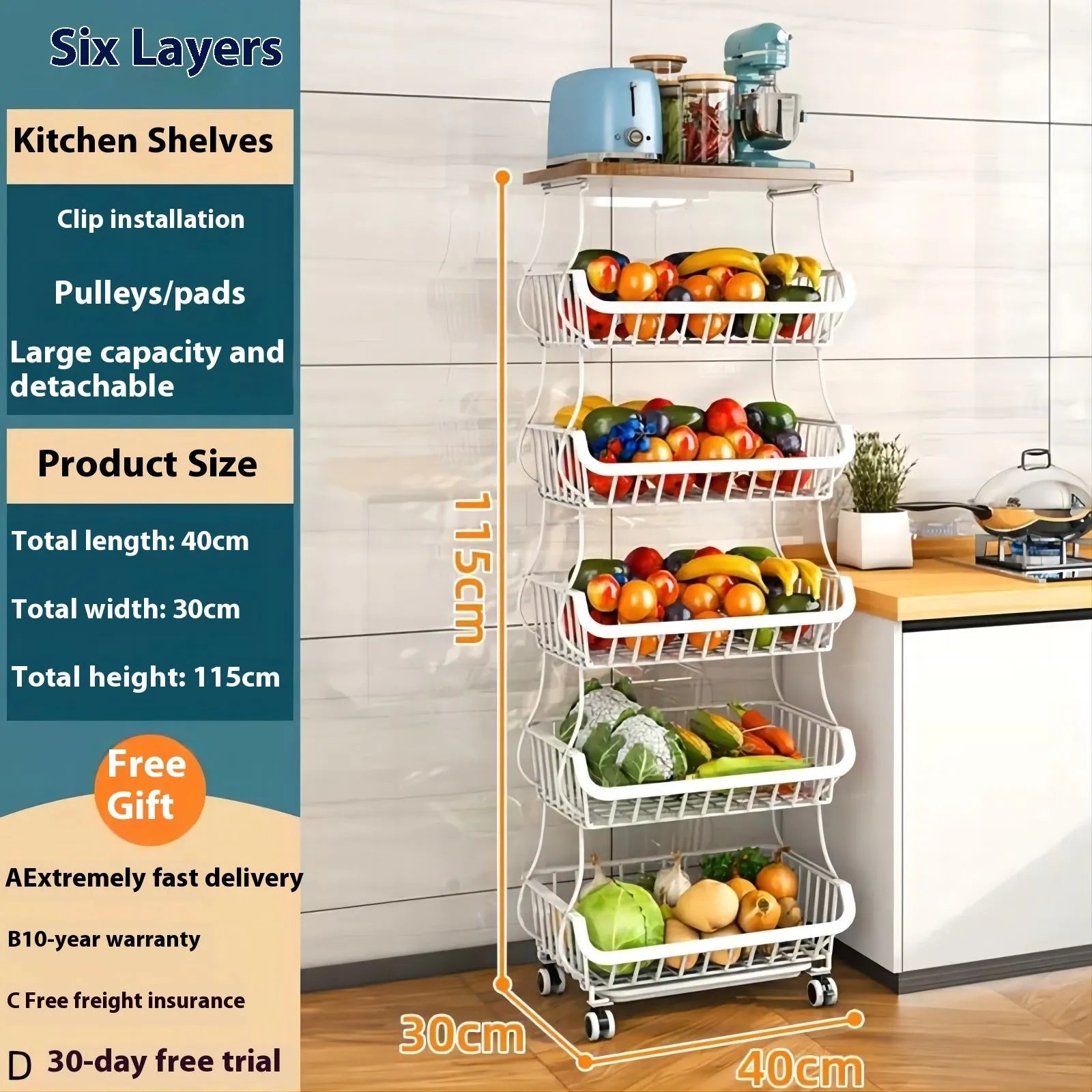 Black six-tier foldable kitchen floor trolley with carbon steel frame and modern design