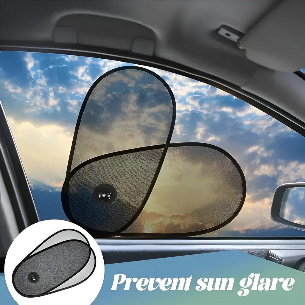 Black adjustable car side window shades with suction cups stretched over car window