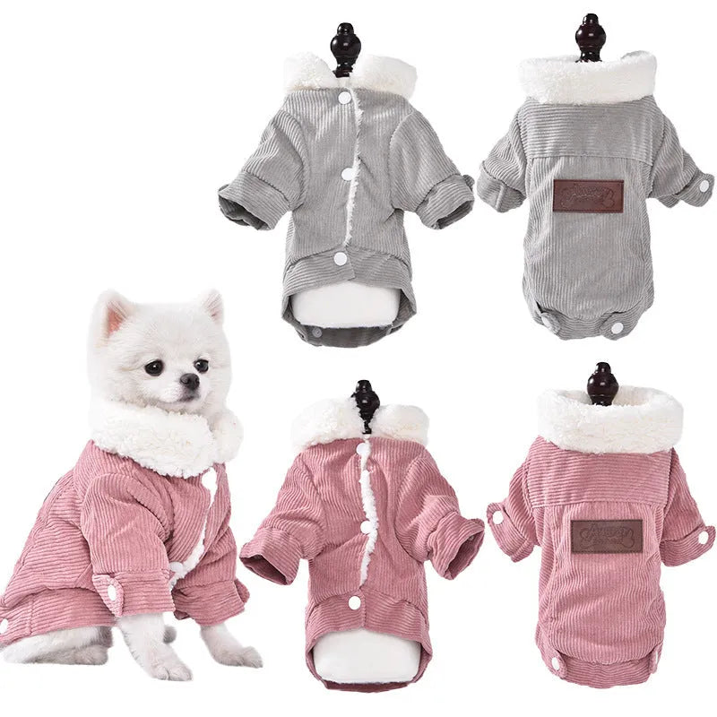 Lambswool fleece-lined dog vest in grey or pink, shown on a pet, for autumn and winter warmth.