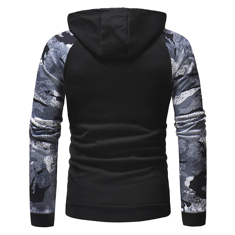 Men's long sleeve camouflage print hooded sweatshirt in black, front view
