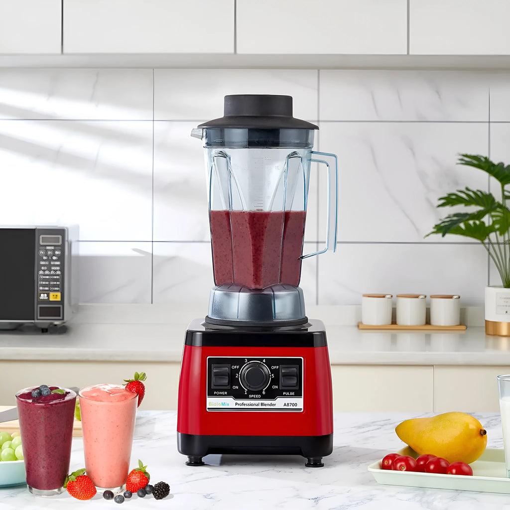 Red commercial blender with 2200W motor and 2-litre capacity jug, industrial style design
