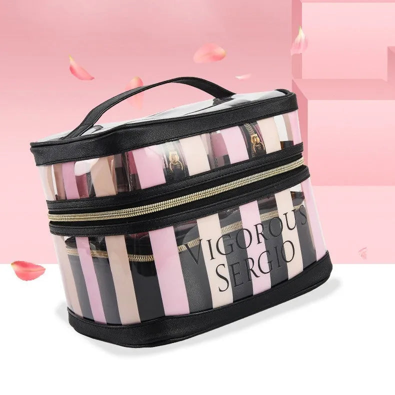 Pink bold stripes buggy bag makeup kit with floral pattern and synthetic leather waterproof design