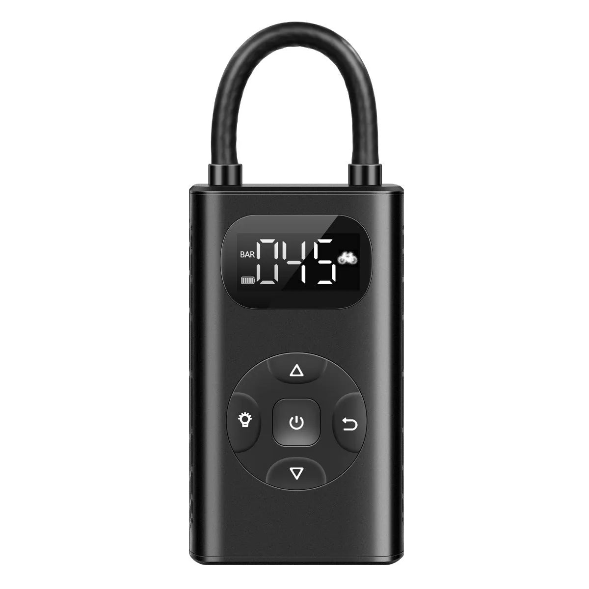 Black aviation aluminium portable tyre inflator with digital display and USB charging port