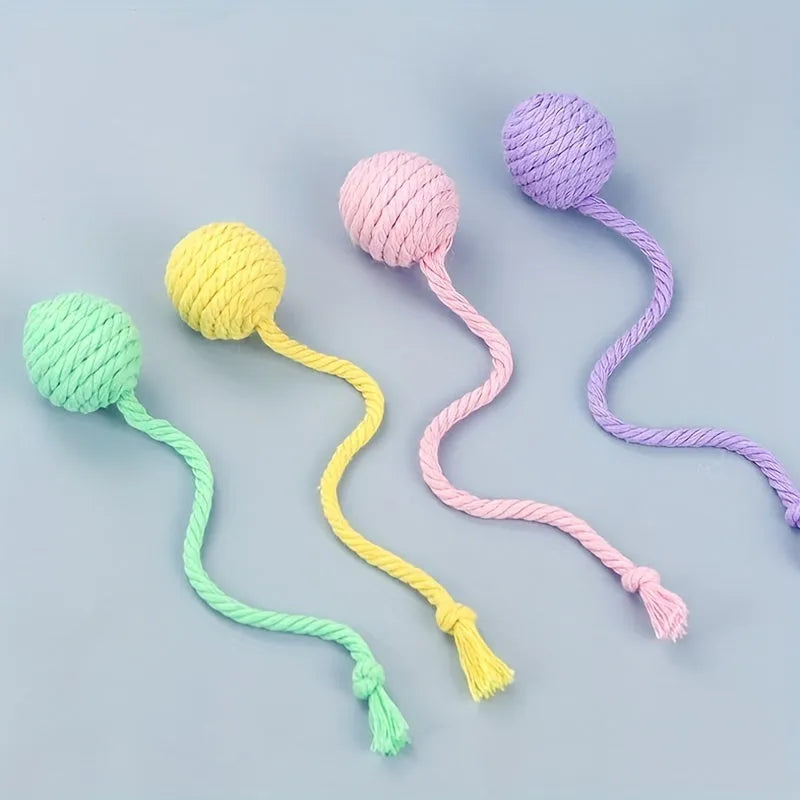 Colourful cat toy ball with attached rope and built-in bell in green, pink, purple, and yellow