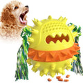 Blue and red TPR rubber dog chew ball with textured bumps and rope ends