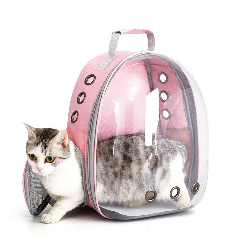 Grey polycarbonate astronaut-style cat carrier bag with side opening and carry handle.