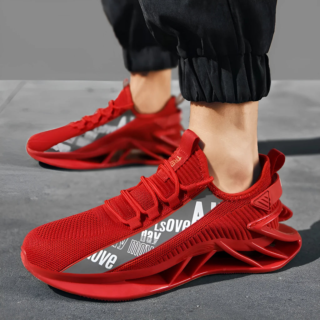 Fashion casual exercise fly woven mesh men's shoes in black, side view, breathable solid colour design