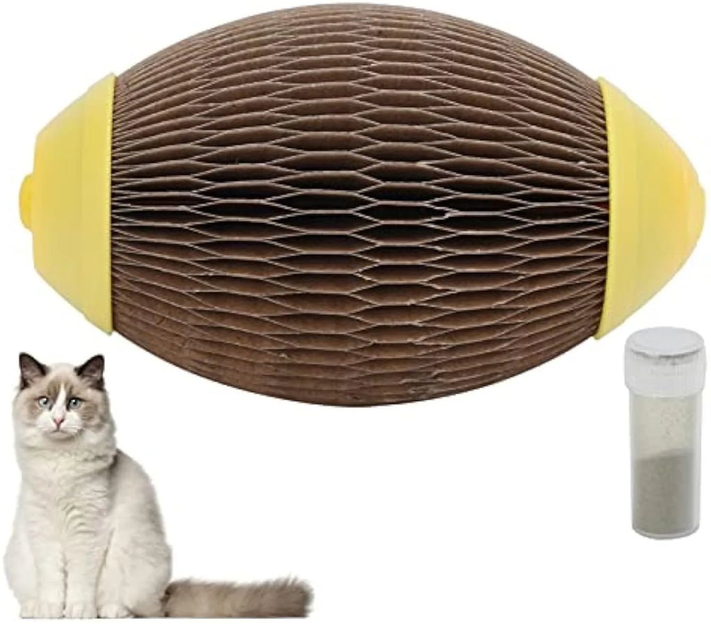 Ellipse-shaped corrugated paper catnip football toy for scratching and play.