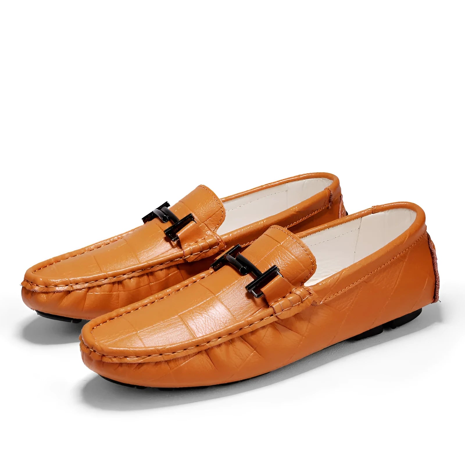 Men's leather casual shoes with belt buckle detailing in black, blue, bronze, or white colours