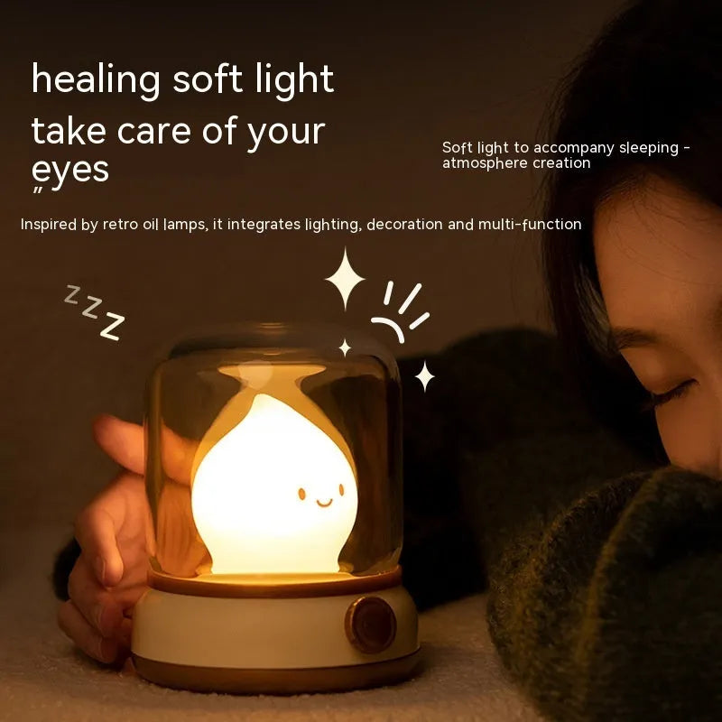 Retro USB rechargeable LED night lamp in green, compact 100x108x124mm, with dimmable knob and candlelight mode