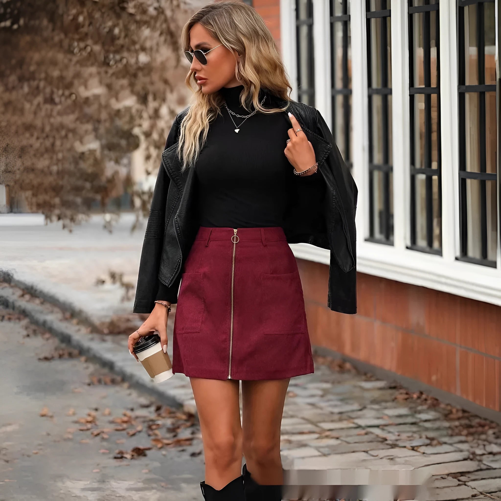 Women's high waist short skirt with front zipper in black, camel, brick red, or dark green.