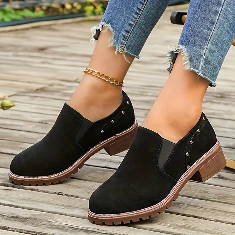 Plus size suede ankle boots for women, low heel, black colour, round toe, elastic band