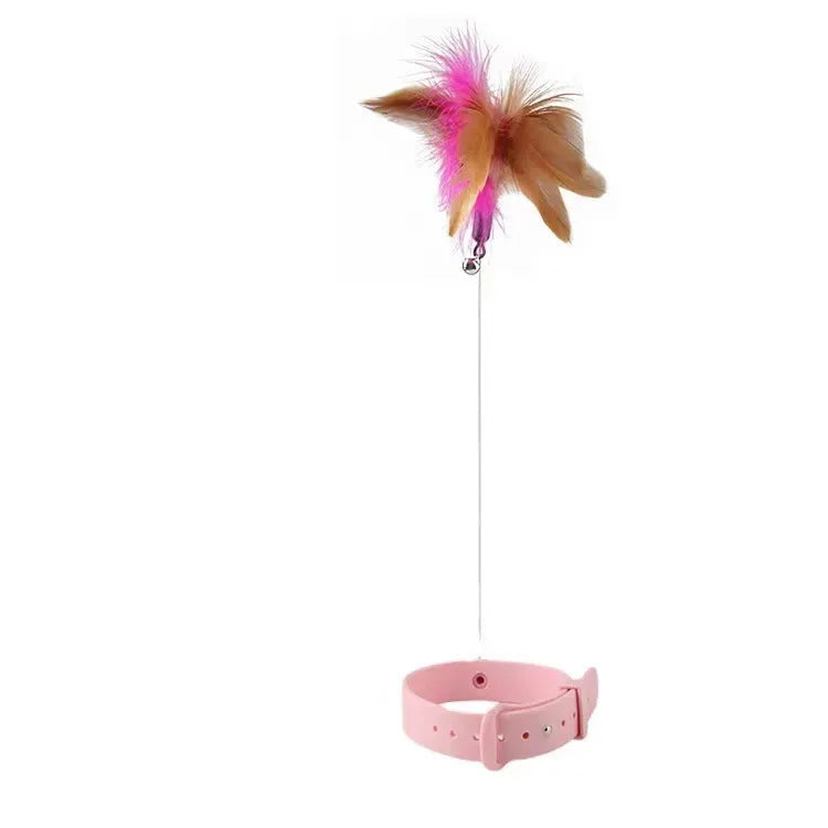 Blue collar cat teaser toy with feather and bell attachment on adjustable strap