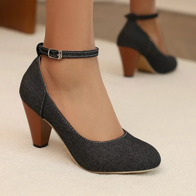Denim women's high heel platform shoes with buckle fastening, round toe, shallow mouth, in solid colour, side view