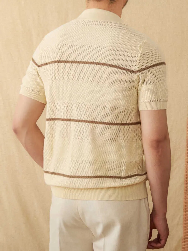 Casual lapel cardigan in camel, short sleeve, cotton linen knit, shown front view