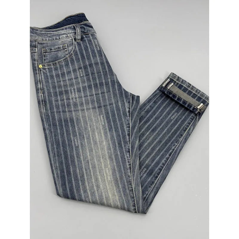 Men's striped cropped jeans slim fit retro denim trousers with zipper fly straight leg ankle length