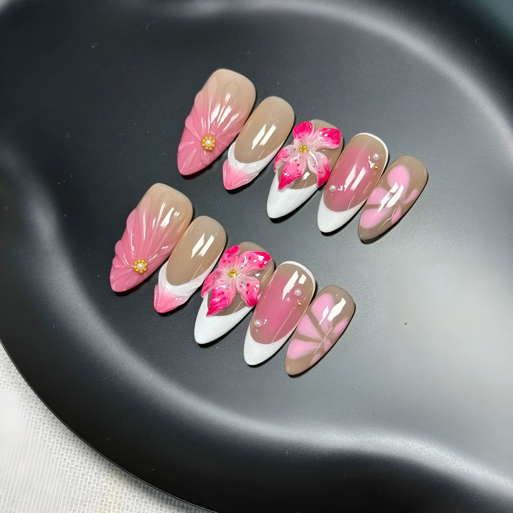 French style Lily Fluid Ice Flower design 3D artificial press-on nails in almond shape, showing colour mix and size scale.