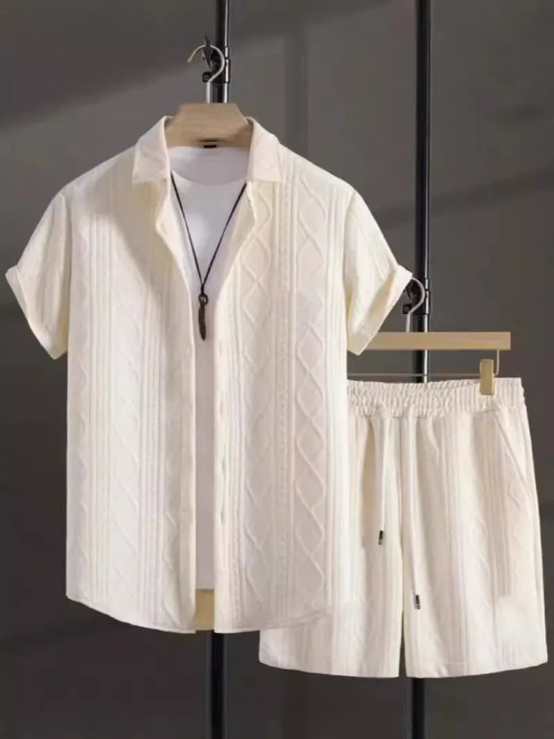 Men's jacquard patterned short-sleeve shirt and matching shorts suit set in a solid colour.