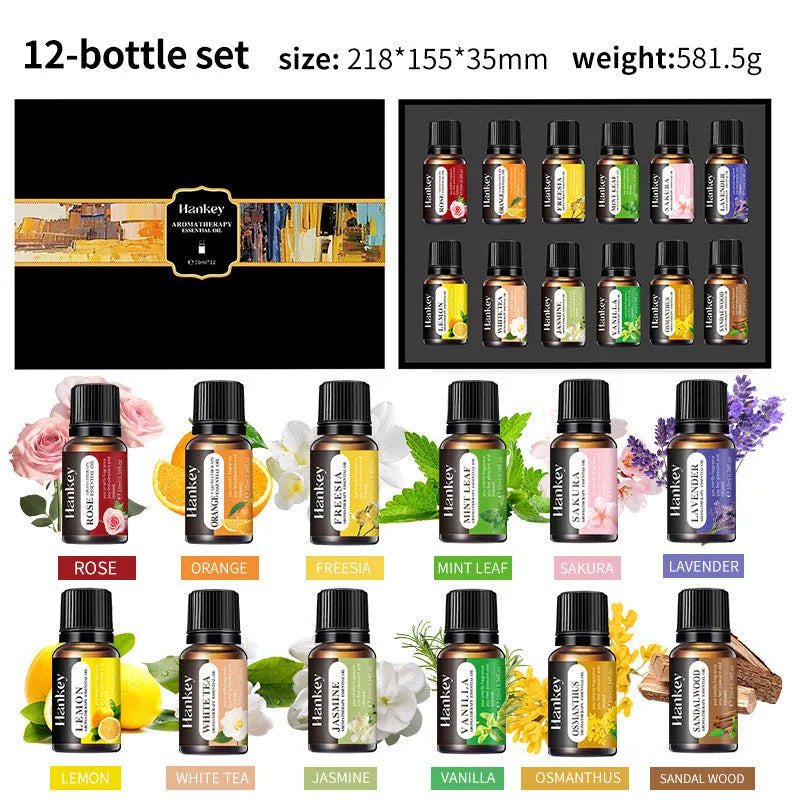 Boxed water-soluble aromatherapy essential oil sets for air freshening in multiple piece combinations