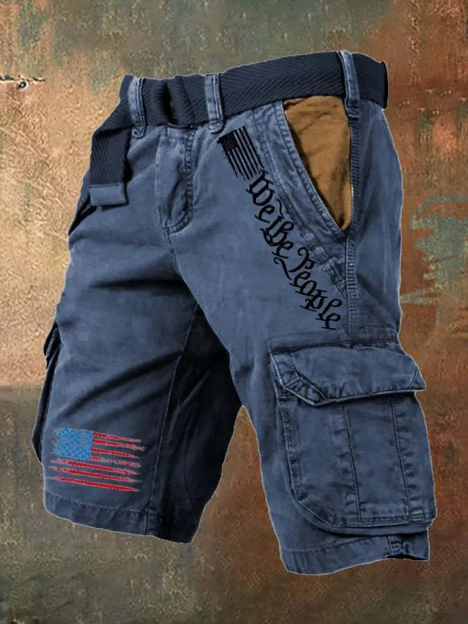 Men's workwear casual fifth pants in khaki with multiple pockets, denim style polyester fabric, loose fit