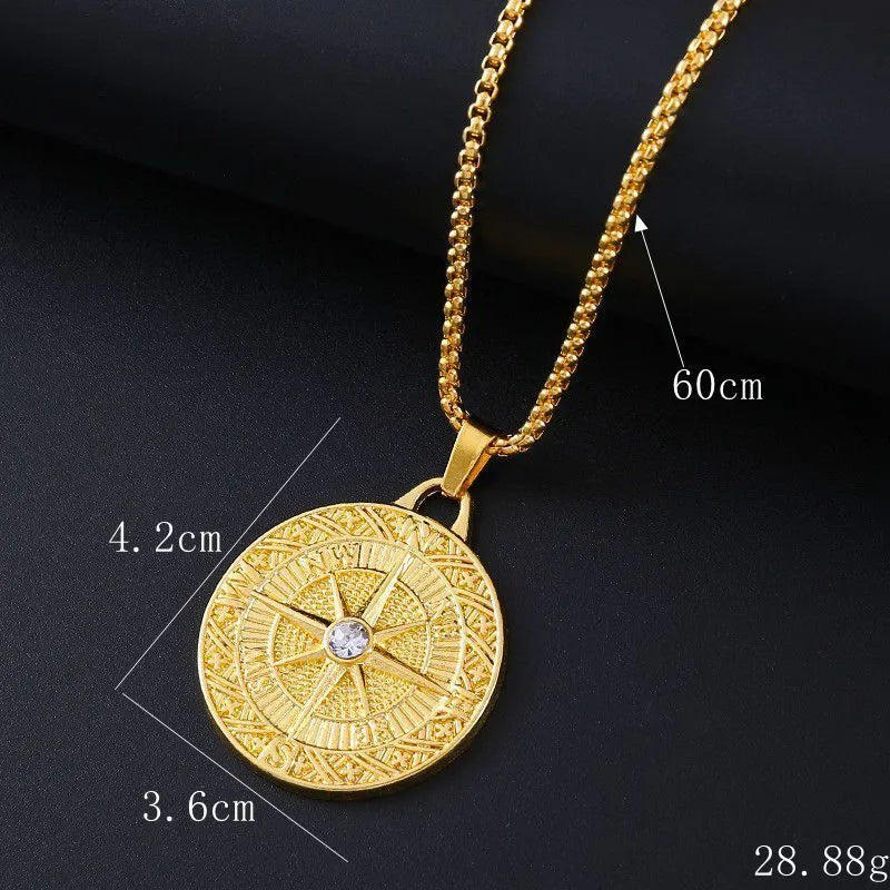Gold-coloured geometric alloy pendant necklace for women with inlaid zircon stone details.