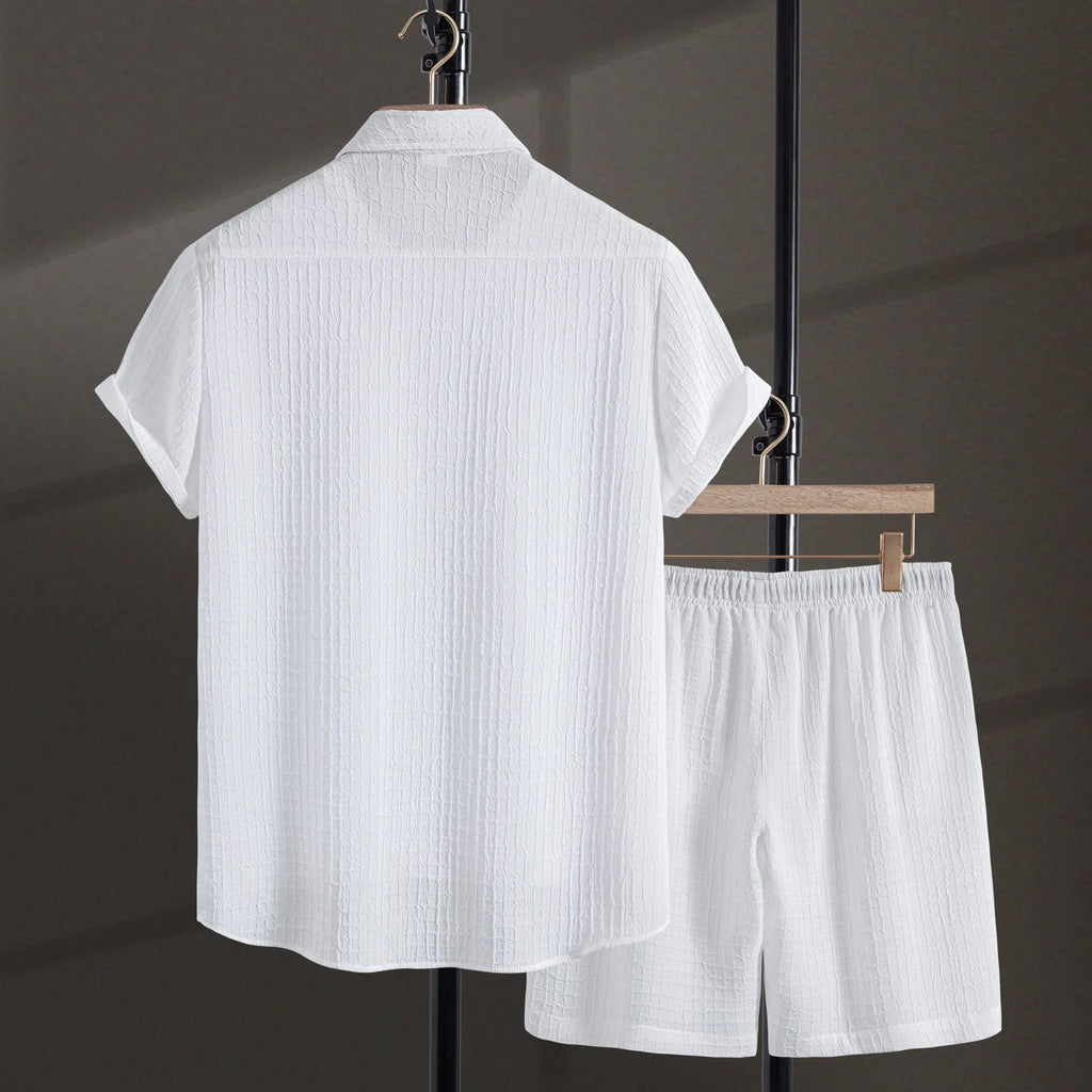 Men's jacquard cotton blend short sleeve shirt and shorts suit set in white or black