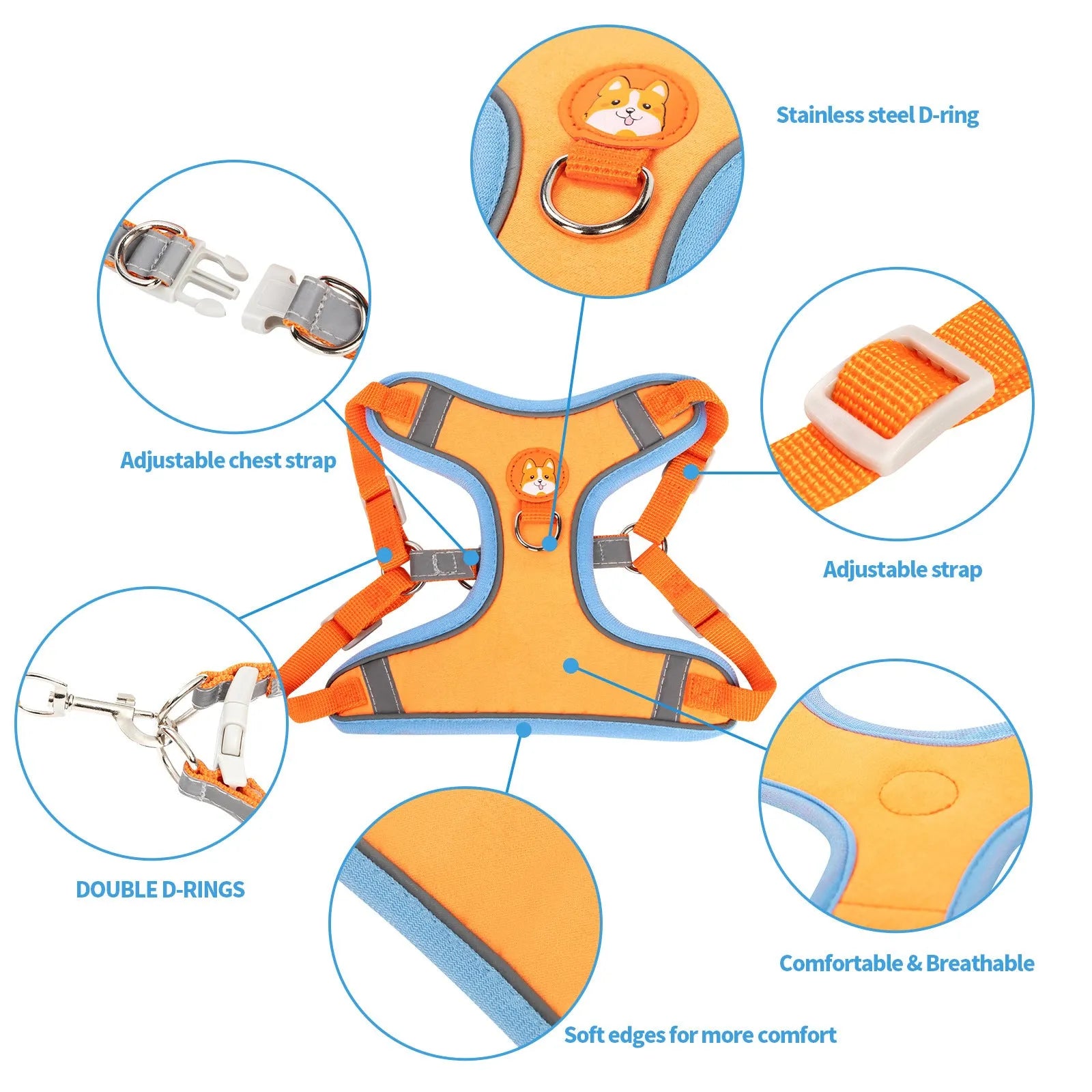 Adjustable anti-breaking loose vest dog harness with chest strap in multiple colours.
