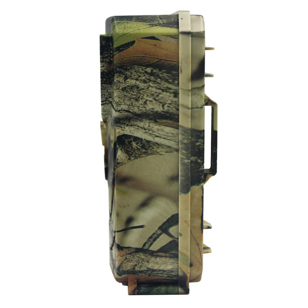 Yellow brown plastic 16MP hunting game camera with infrared LEDs and wide-angle lens.