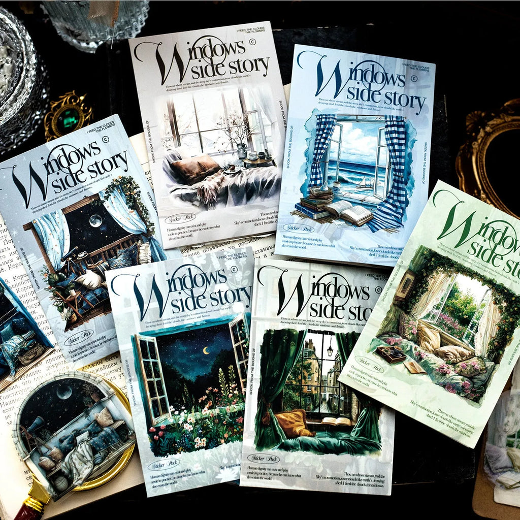 Set of retro-style decorative journal stickers featuring six different printed window scene designs.