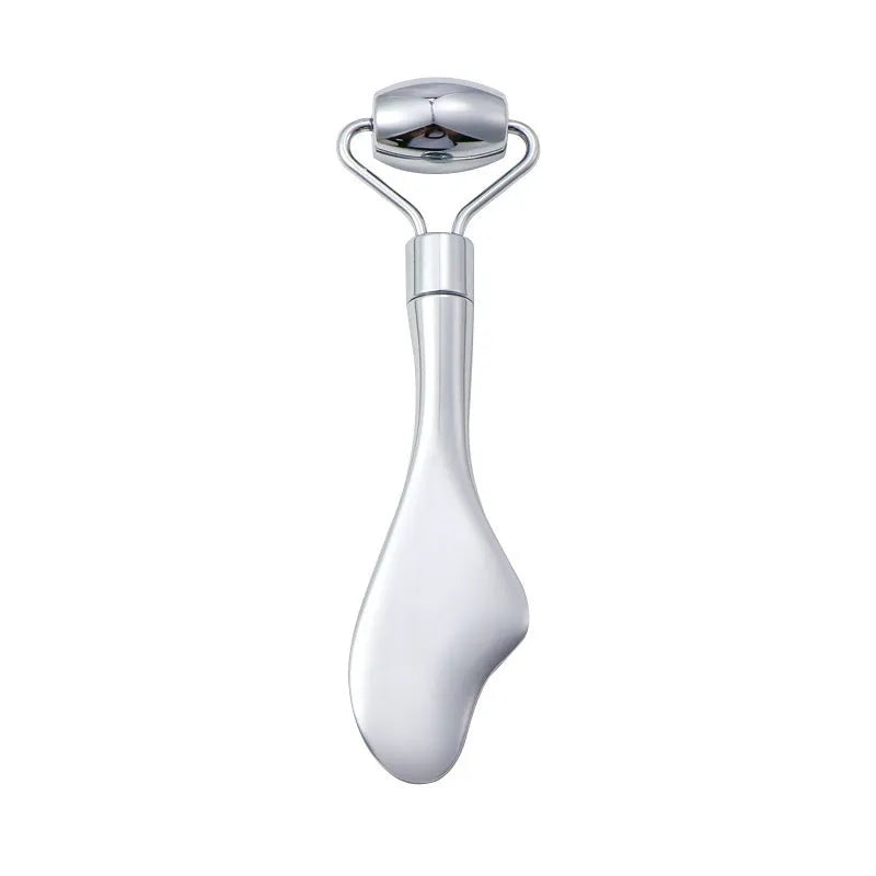 Stainless steel facial massage board set with double-head roller and heart-shaped scraping plate