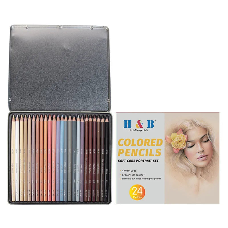 24 skin tone art pencils in round iron storage box for portrait drawing