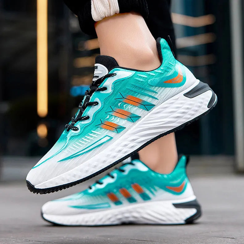 Fly-woven mesh thick-soled sports sneakers in blue and green – breathable lace-up men's walking running shoes