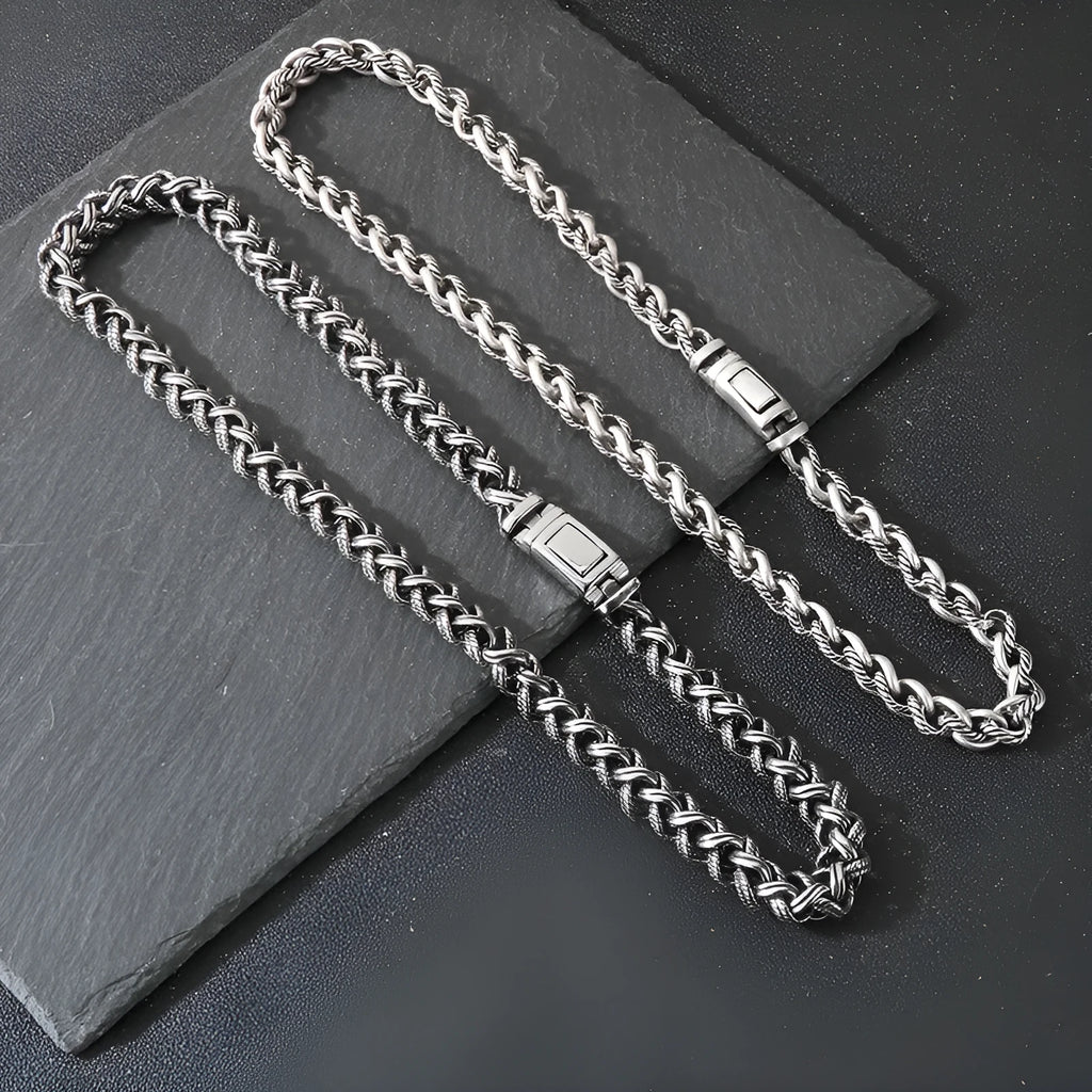 Men's titanium steel keel chain necklace with twist design and large links in antique silver finish.