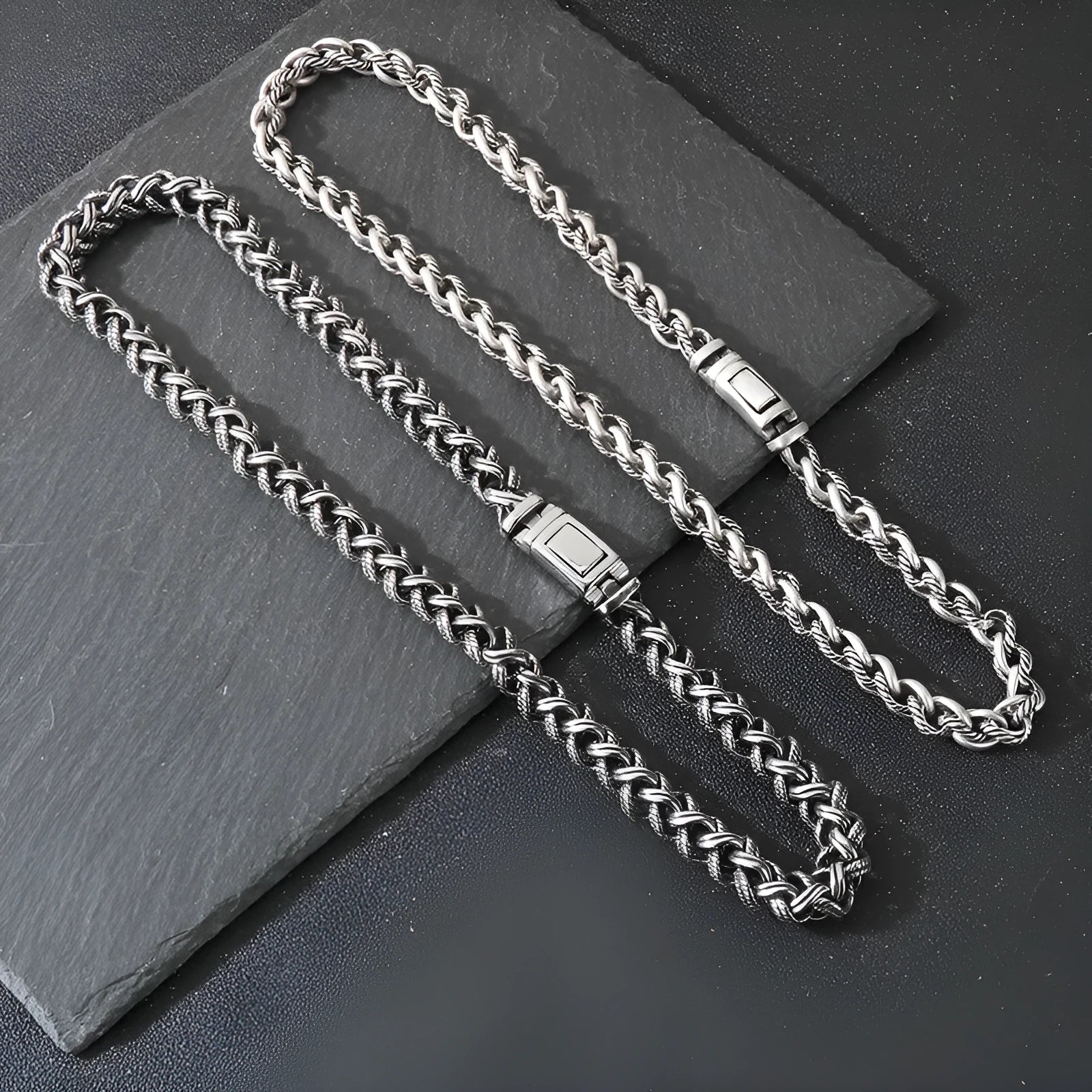 Men's titanium steel keel chain necklace with twist design and large links in antique silver finish.