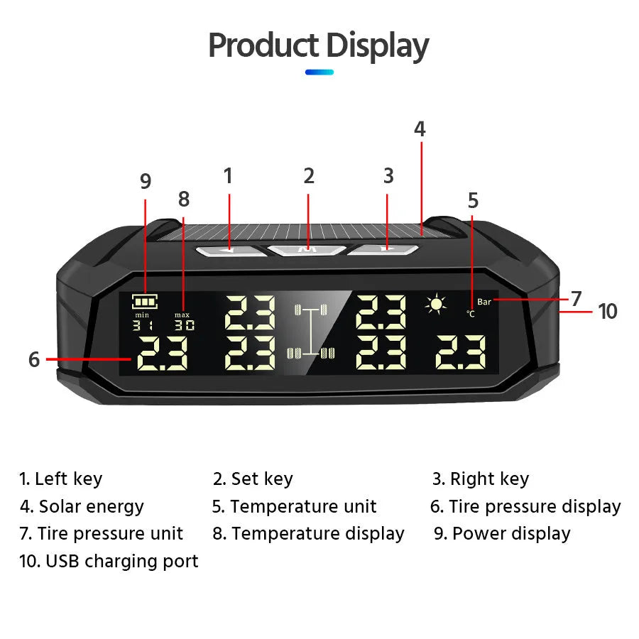 Solar external tire pressure monitor system with colour digital display for six-wheel RVs and trucks
