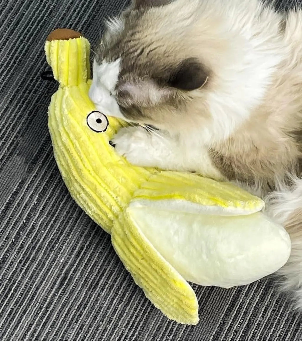 Yellow banana-shaped plush cat toy with crinkle sound, shown next to a cat for scale.