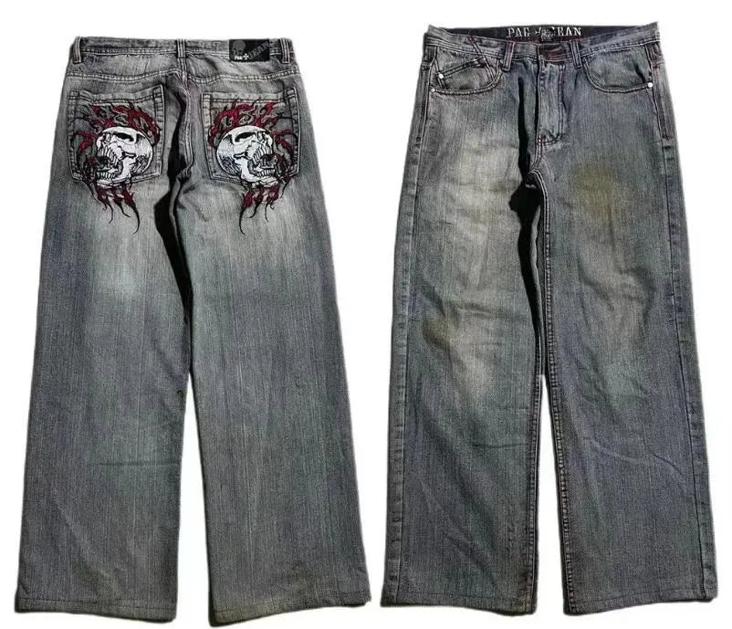 Men's grey washed-out wide-leg jeans with a straight-leg workwear design on a neutral background.