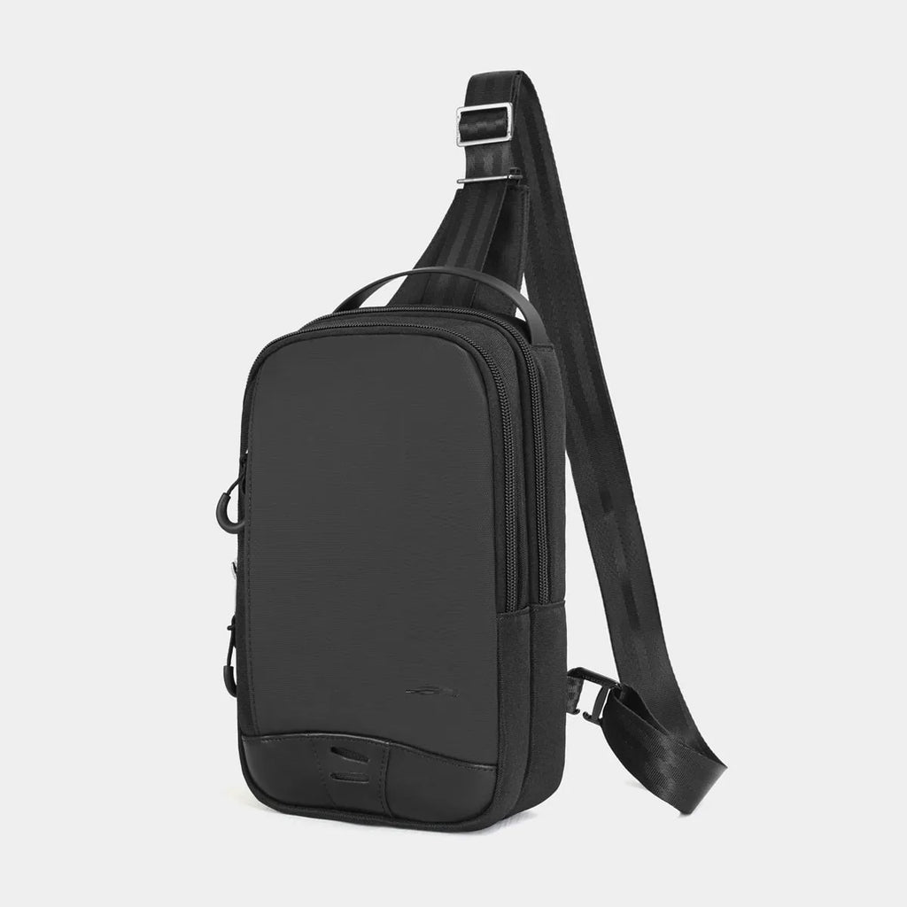 Casual black camouflage pattern chest pack with single shoulder strap and soft handle