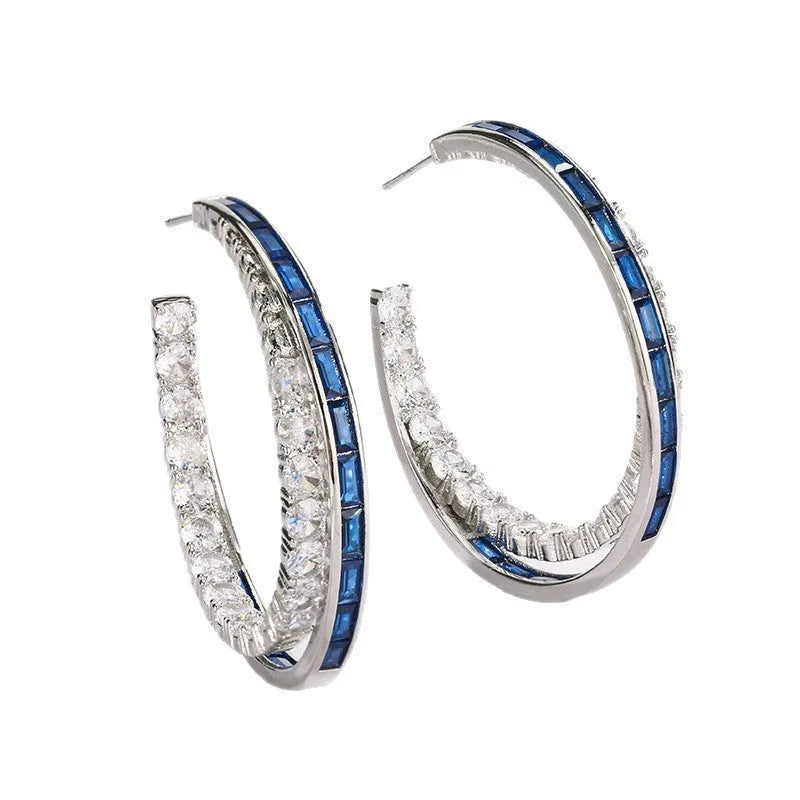 Women's geometric copper earrings with zirconia, silver needle design, red corundum colour option