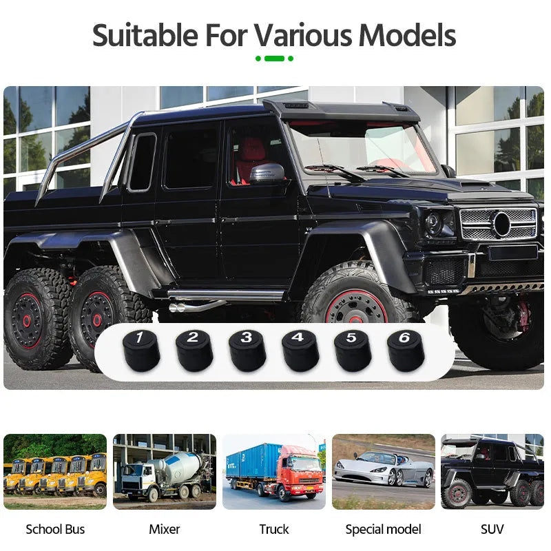 Solar external tire pressure monitor system with colour digital display for six-wheel RVs and trucks