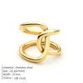 Adjustable knotted stainless steel ring in geometric U-shape, shown in gold and steel colours.