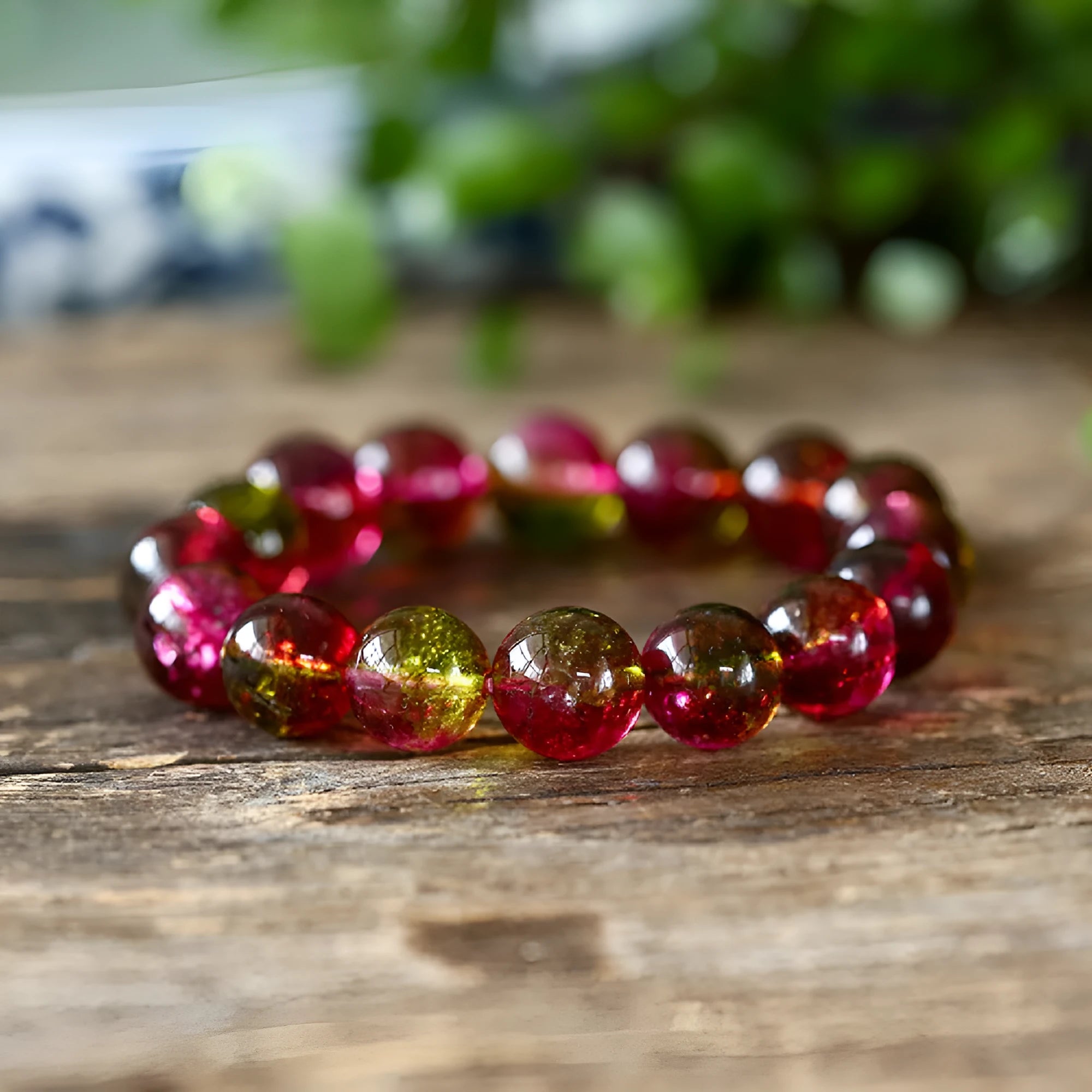 Watermelon crystal bracelet showing pastoral design on female wrist