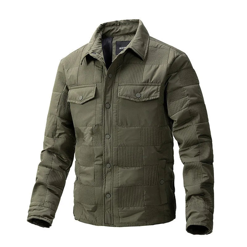 Men's quilted cotton coat with wool lining and polo collar in black, business casual style