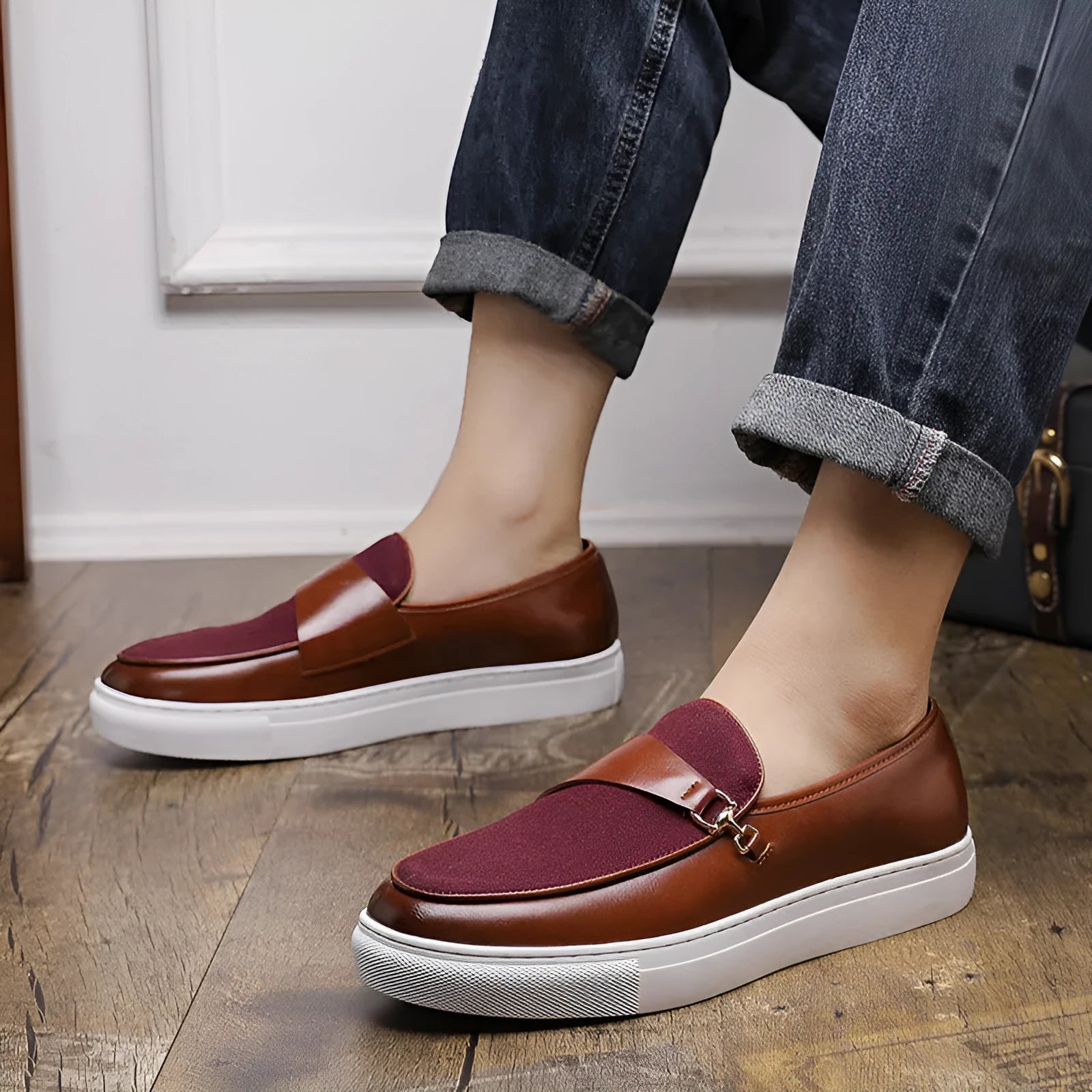 Men's horsebit buckle slip-on loafers in black and red, artificial leather upper, round toe, rubber sole