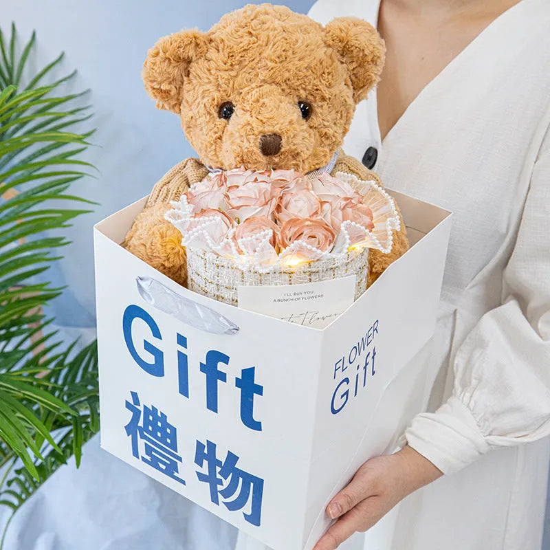 Bear doll with soap flower rose bouquet in clear case, available in 30cm, 40cm, and 50cm sizes